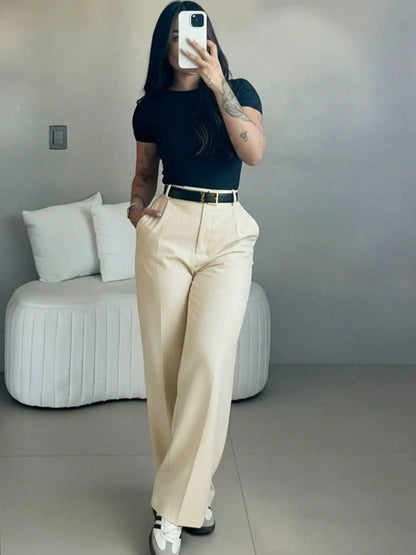 【LAST DAY SALE】Women's High-Waisted Straight Leg Pants – Flowy Draped Business Casual Trousers